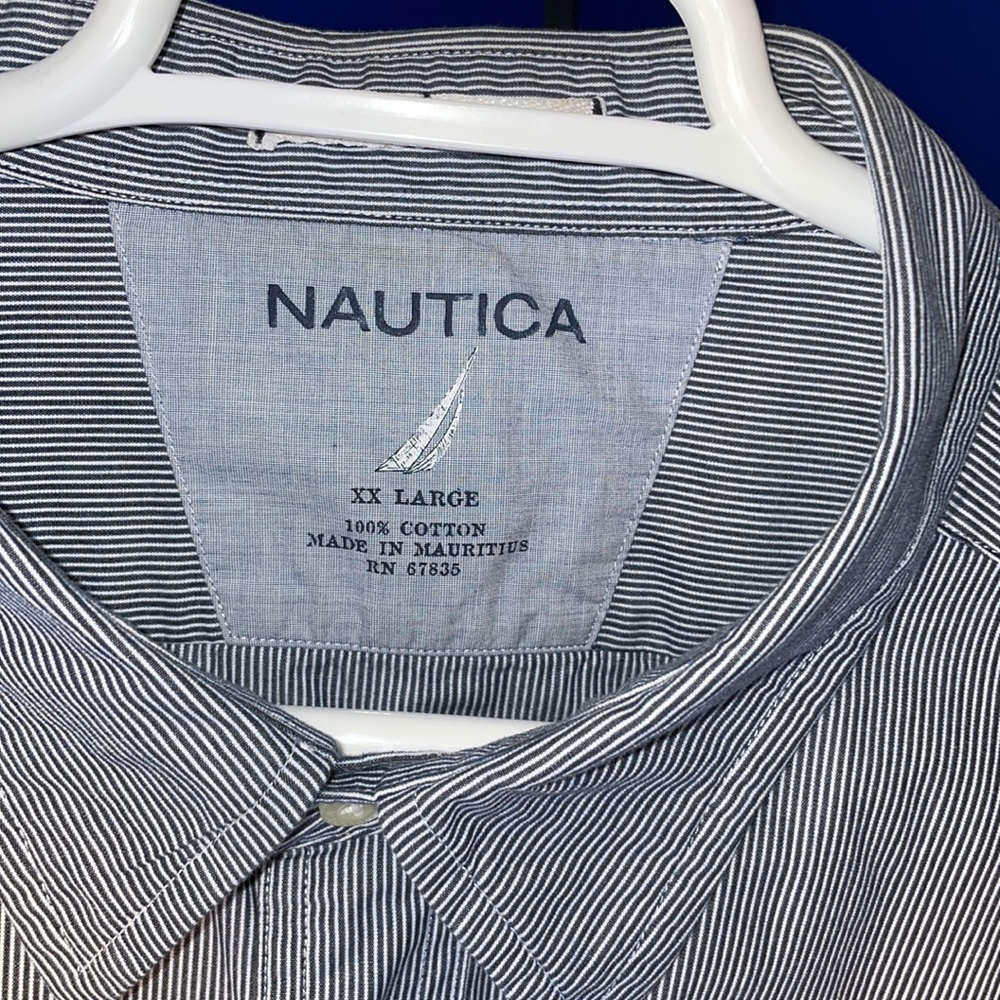 Nautica steel grey/blue & white pin striped.
